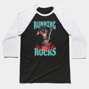 Cute Doxie Dachshund Dog with guitar on Running Rocks tee Baseball T-Shirt